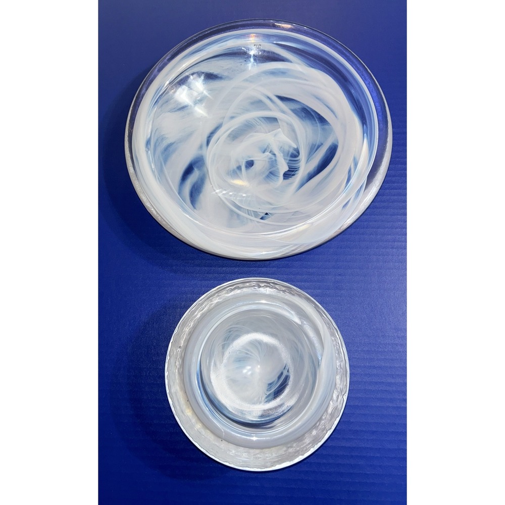 KOSTA BODA  White & Blue Opaline Swirl Art Glass 12" &‎ 7" Bowls